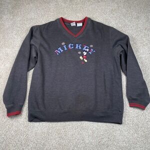 Vintage Disney Mickey Mouse‎ V Neck Sweatshirt Embroidered Gray Large Womens